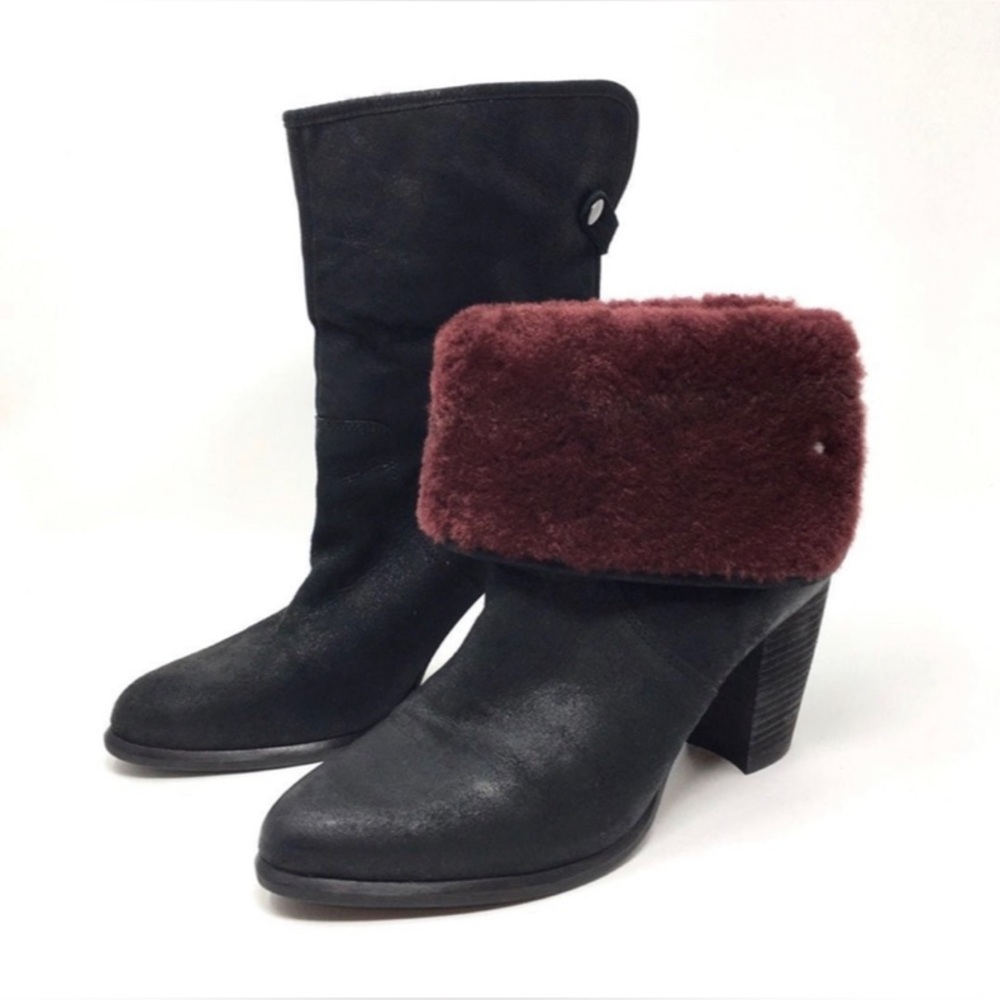 Ugg maroon furry booties matte black leather